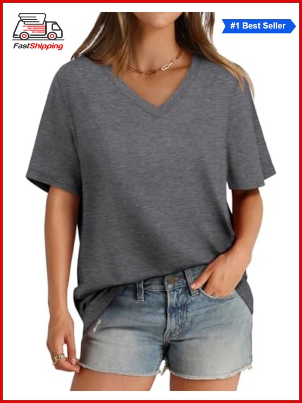 ✨ Womens V Neck Short Sleeve T Shirt Casual Loose Fit Summer Top Tee